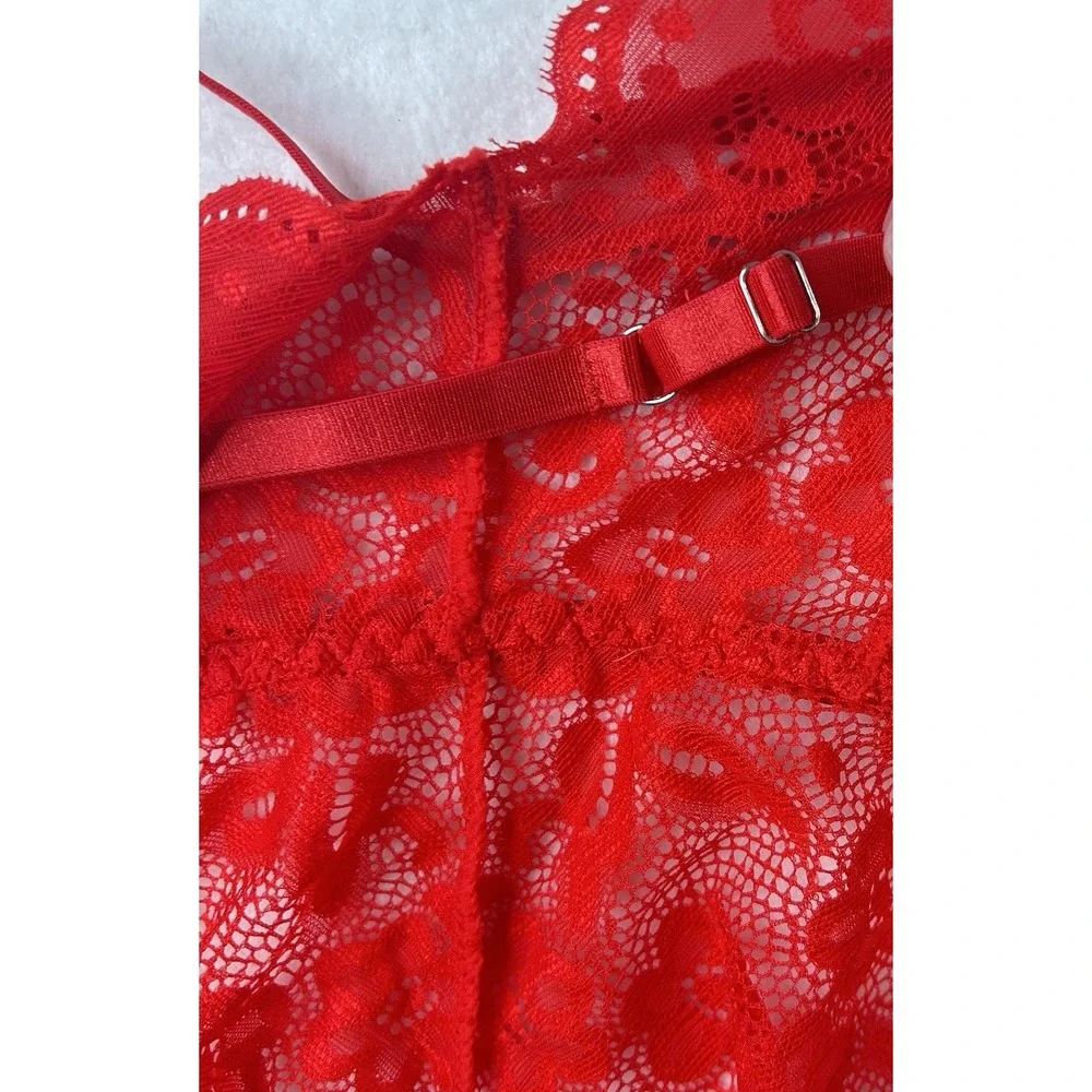 Floral Lace Halter Bodysuit‎ Plunging Neckline Low Back Adjustable Red M - Picture 10 of 14